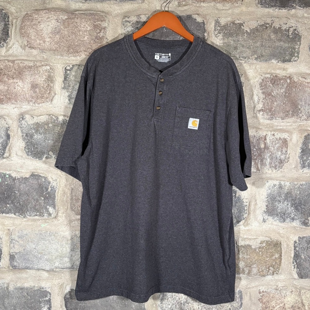Carhartt Men's XL Loose Fit Pocket Henley Shirt Short Sleeve Gray Workwear‎